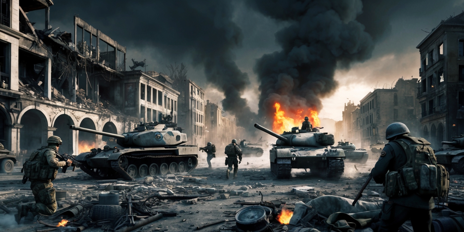A dramatic and intense scene from the Battlefield 6 game, set in a war-torn cityscape with destroyed buildings and debris-filled streets, featuring a mix of military vehicles and soldiers from different factions, with a focus on realistic graphics and detailed textures, in a cinematic style with a muted color palette and a sense of chaos and destruction, with soldiers wearing realistic military gear and uniforms, and weapons and explosives scattered throughout the scene, under a dark and ominous sky with clouds of smoke and flames rising from the ruins, with a sense of action and urgency, and a shallow depth of field to emphasize the intense combat in the foreground.