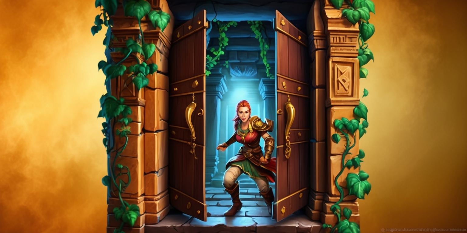 A vibrant, fantastical illustration of a Temple Quest game, set against a warm, golden background, evoking a sense of ancient mysticism. In the foreground, a brave adventurer, with piercing green eyes, sun-kissed skin, and a determined expression, stands at the entrance of a mysterious, ancient temple, adorned with intricate carvings and lush green vines. The temple's doors, with ornate brass handles, slowly creak open, revealing a dimly lit passageway, shrouded in mist. The atmosphere is tense, with hints of hidden secrets and untold riches. The adventurer's attire is a mix of practical leather armor and mystical, glowing accents, hinting at their preparedness for the challenges within. The overall style is reminiscent of classic fantasy games, with bold lines, vivid colors, and an emphasis on texture and depth. The composition is dynamic, with the adventurer positioned at the threshold, inviting the viewer to join them on their perilous quest.