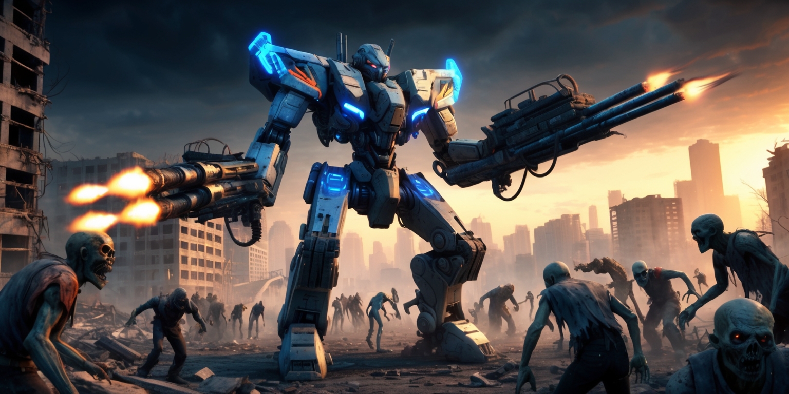 In a post-apocalyptic, dystopian cityscape, a massive, intricately designed mech stands tall, its metallic body adorned with neon blue accents and glowing orange circuits, as it prepares to face an onslaught of undead creatures in the zombie swarm game. The mech's arms are equipped with heavy artillery, including missile launchers and Gatling guns, ready to unload a barrage of firepower upon the hordes of shambling, flesh-eating zombies. The zombies, with tattered, dirty clothing and decaying flesh, swarm around the mech's feet, their eyes glowing with an otherworldly energy. In the background, a city lies in ruins, with abandoned buildings, overturned cars, and debris littering the streets. The scene is set at dusk, with a dark, ominous sky and a warm, golden light casting long shadows across the desolate landscape, highlighting the intense, high-stakes battle between humanity's last hope, the mech, and the relentless zombie horde.