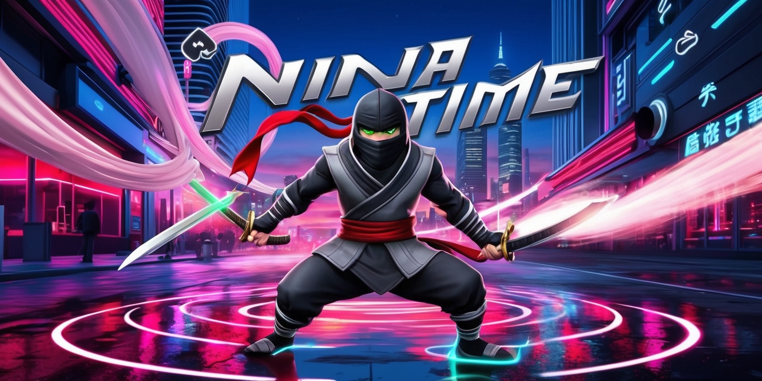 A vibrant digital illustration showcasing a ninja-themed video game scene, set against a neon-lit cityscape at dusk with sleek skyscrapers and bustling streets, featuring a central figure of a agile ninja warrior with piercing green eyes, dressed in a dark grey and black ninja suit with a red scarf flowing behind, wielding a pair of glowing katanas, surrounded by swirling wisps of smoke and swift, dynamic motion lines, with bold, futuristic UI elements and power-up icons hovering above, set within a dynamic, curved layout with a bold, modern font displaying the game title Ninja Time in metallic silver, with a hint of Japanese kanji characters and neon lights reflecting off the wet pavement.