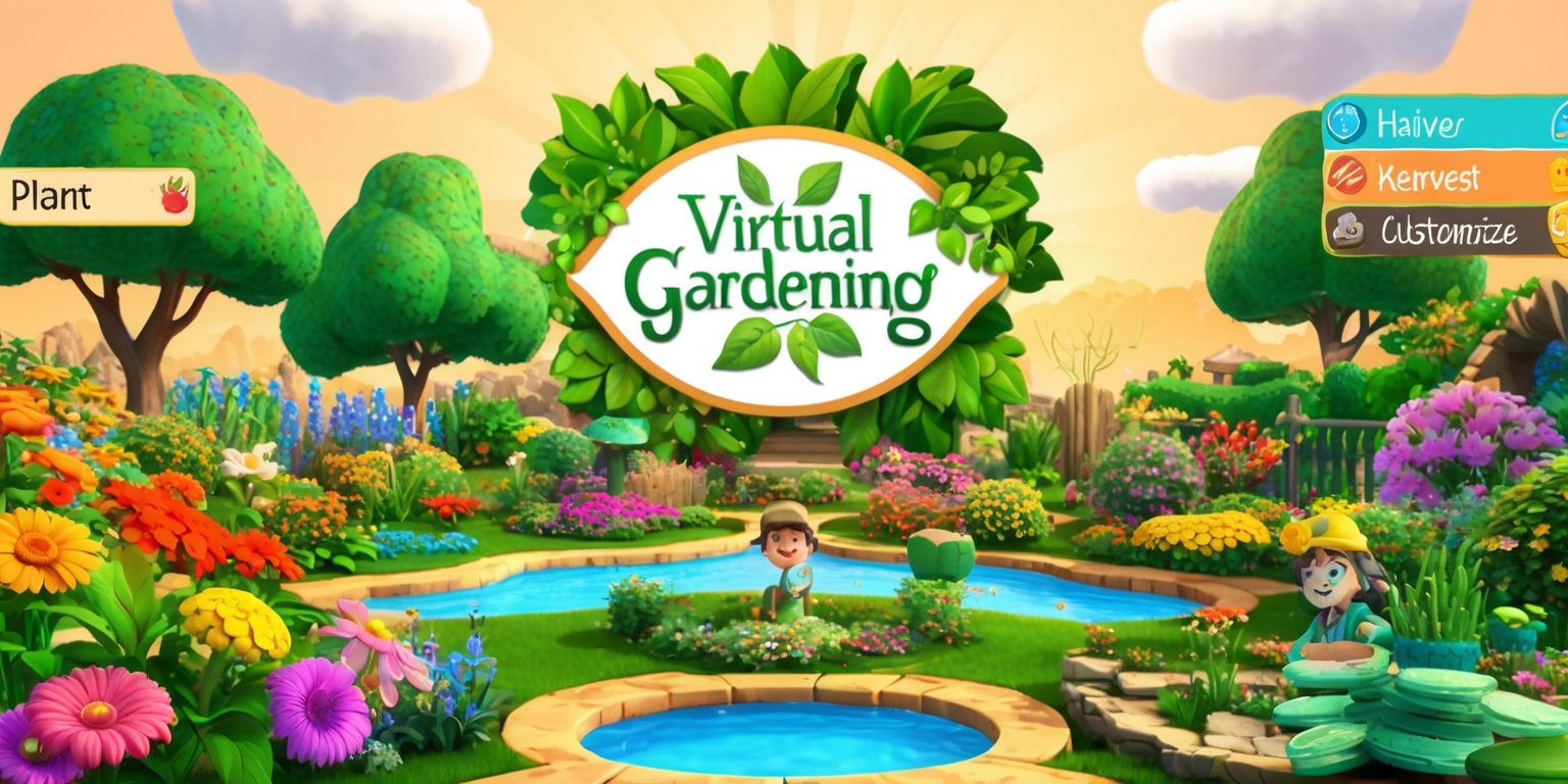 A vibrant and immersive virtual gardening game scene with a variety of colorful flowers, lush green trees, and serene water features, set against a warm and sunny background with fluffy white clouds, the game's interface is designed with elegant and modern typography, and the overall style is reminiscent of a whimsical and fantastical world, with intricate details and textures, the layout is divided into sections for planting, harvesting, and customizing, with a prominent display of the game's logo, a stylized lettering with leaves and petals, in a bright and inviting color scheme, the image should convey a sense of relaxation and creativity, with a few gamers in the background, they have diverse facial features, skin colors, and unique attributes, such as gardening hats and tools, all engaging in the virtual gardening experience.