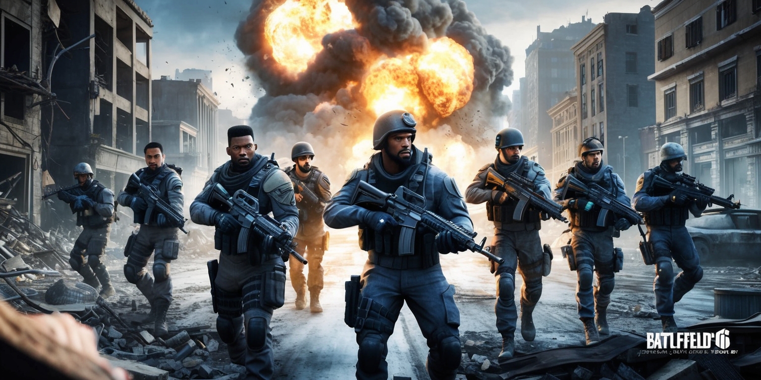 A futuristic first-person shooter game scene from Battlefield 6, set in a war-torn city with destroyed buildings and rubble-filled streets, featuring a group of soldiers with diverse facial features and skin colors, wearing tactical gear and holding assault rifles, with a massive explosion in the background and a tank in the distance, the image is rendered in a realistic style with a color palette of muted grays, blues, and browns, the lighting is dramatic with a mix of warm and cool tones, the composition is dynamic with the soldiers positioned in the foreground and the explosion dominating the background, the overall mood is intense and chaotic, with a focus on the action and drama of the battlefield.