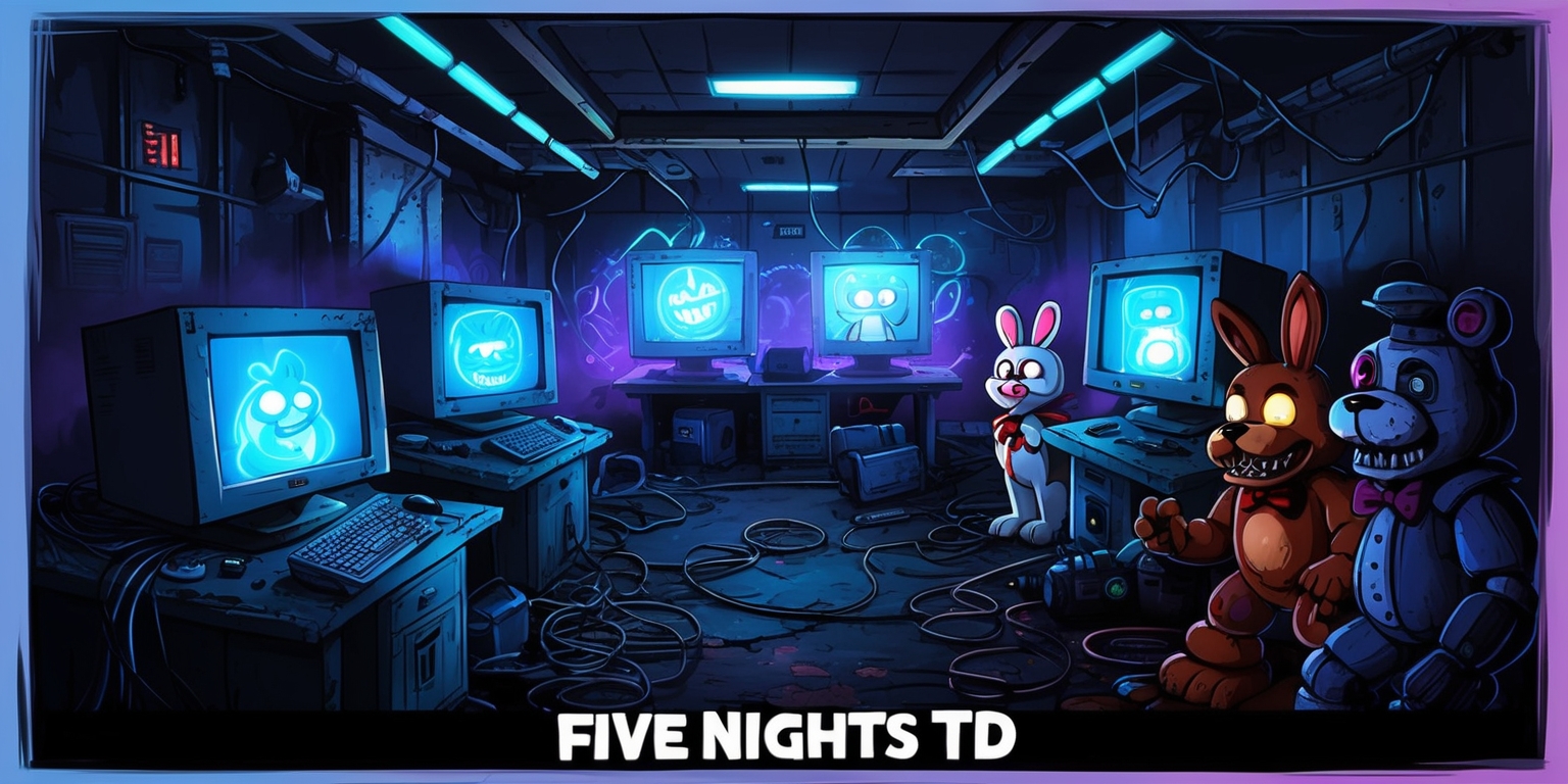 A digital illustration depicting the Five Nights TD game scene, set in a dark and eerie atmosphere, with a mix of futuristic and abandoned elements, featuring a mysterious, worn-out security room with old monitors, wires, and machinery scattered around, illuminated by flickering fluorescent lights and eerie glows emanating from the screens, showcasing the game's iconic horror elements, with Bonnie the Bunny, Chica the Chicken, Foxy the Pirate Fox, and Freddy Fazbear lurking in the shadows, their menacing faces and glowing eyes prominently displayed, surrounded by a subtle, gradient blue-purple hue, evoking a sense of tension and foreboding, with crisp lines, vibrant colors, and detailed textures, in a widescreen format with a cinematic feel.