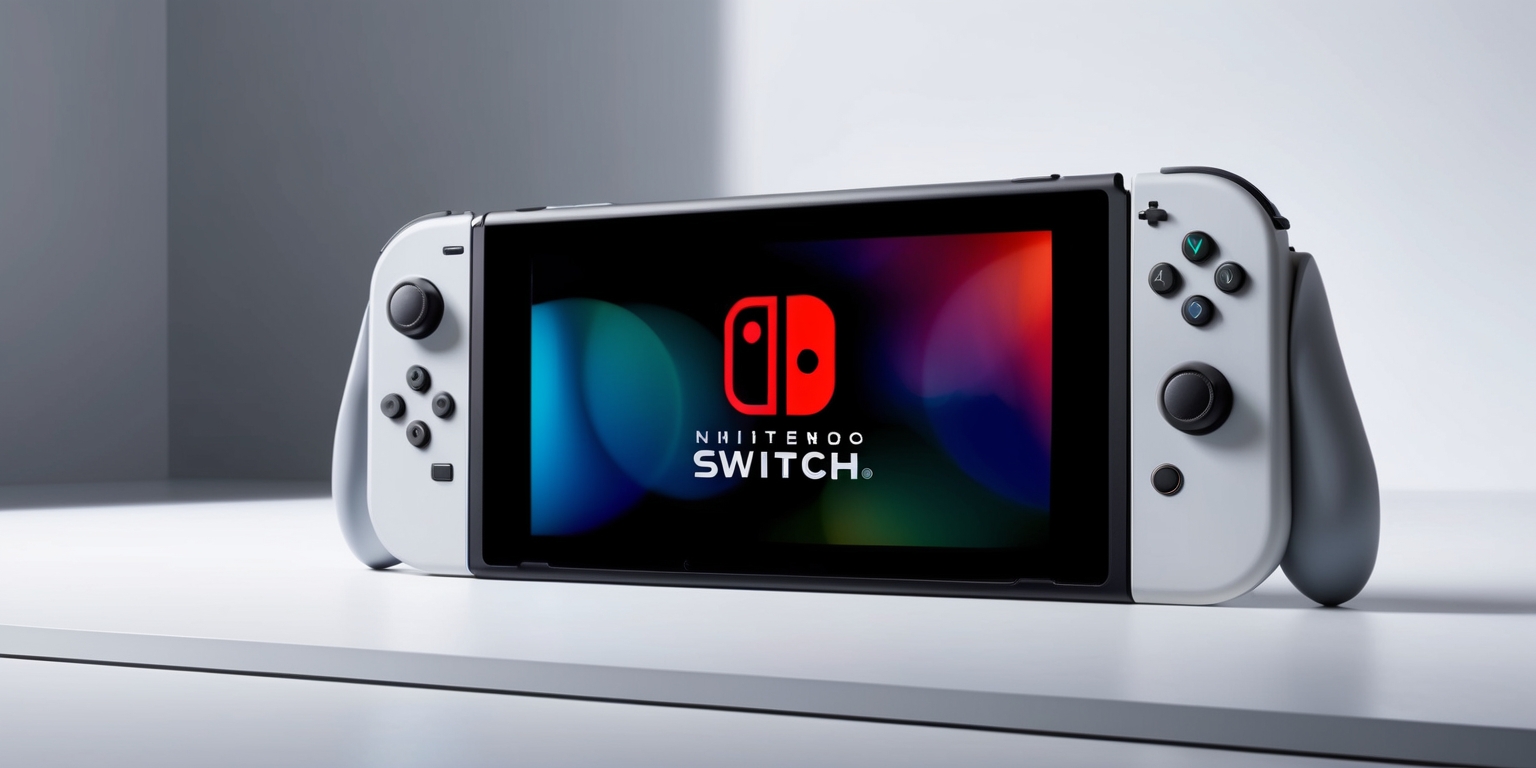 A sleek and modern Nintendo Switch 2 game console, rendered in a photorealistic style, with a matte finish and subtle curves, sitting on a clean and minimalist white background, with the console's screen displaying a vibrant and colorful game interface, the Joy-Con controllers detached and placed symmetrically on either side of the console, with the Nintendo logo prominently displayed on the top of the console in a bold, red font, and the console's vents and buttons precisely detailed and textured, with a subtle gradient of grays and whites used to accentuate the device's contours and edges.